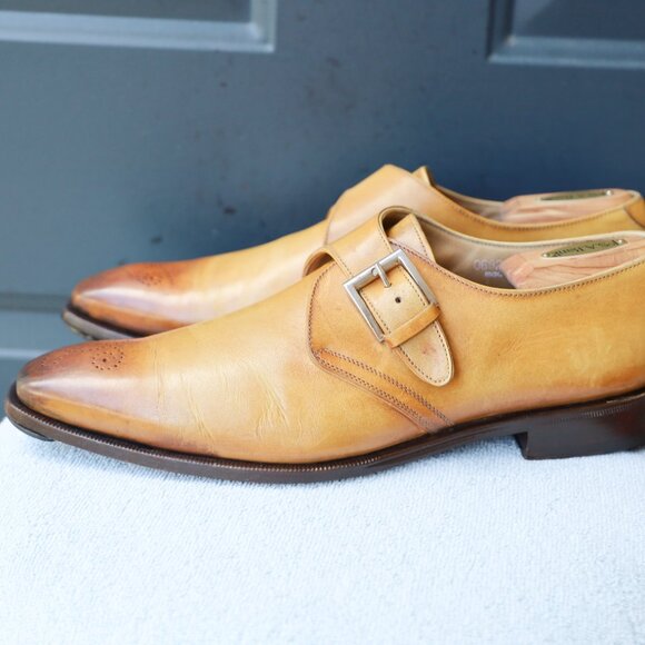 SALE - Franceschetti 10.5 - 11 Italian Tan Burnished Monk Strap Mens Dress Shoes - Picture 9 of 15